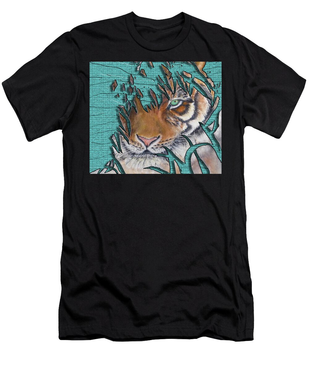 Lurking Tiger T-Shirt featuring the mixed media Tiger's Gone to Pieces No.2 by Kelly Mills