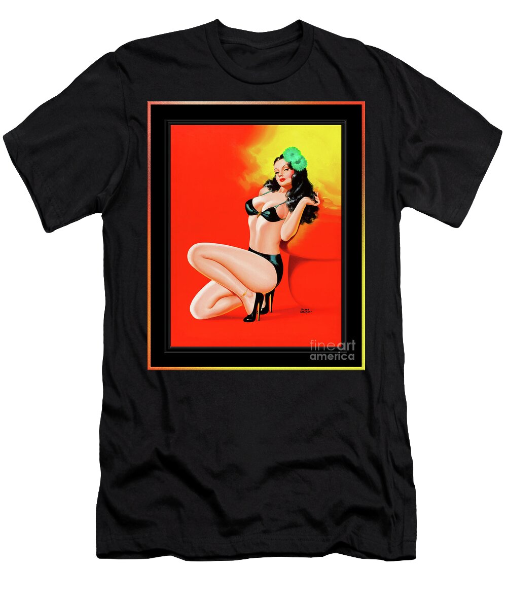 Too Hot To Touch T-Shirt featuring the painting Too Hot To Touch by Peter Driben Vintage Pin-Up Girl Art by Rolando Burbon