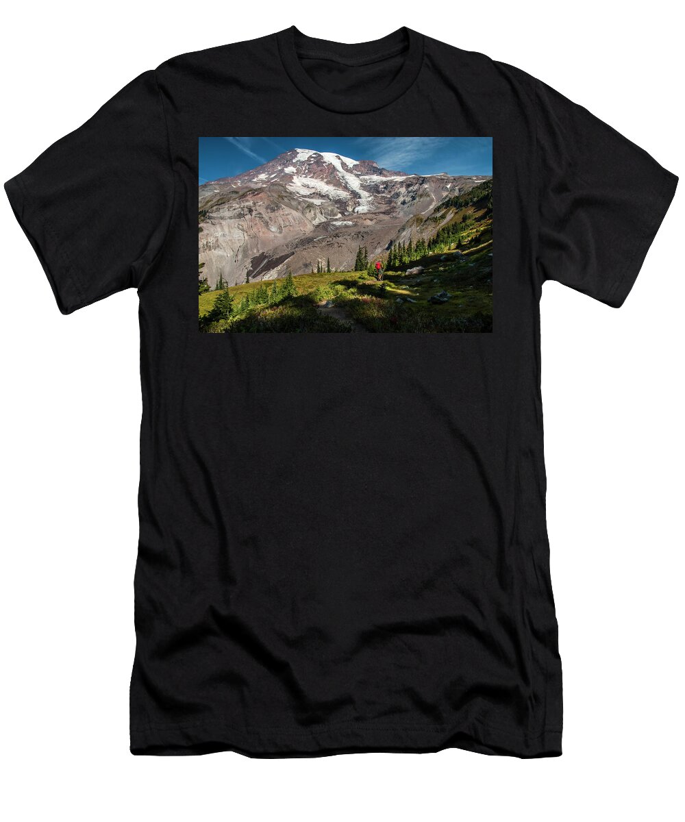 Mount Rainier National Park T-Shirt featuring the photograph Trekking in Paradise by Doug Scrima