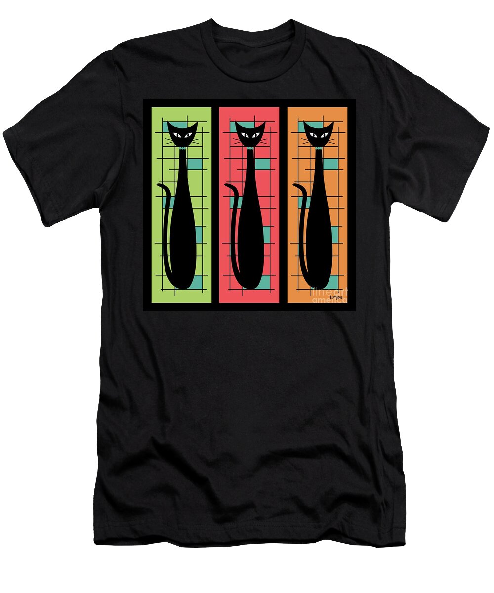 Mid Century Modern T-Shirt featuring the digital art Trio of Cats Green, Salmon and Orange on Black by Donna Mibus