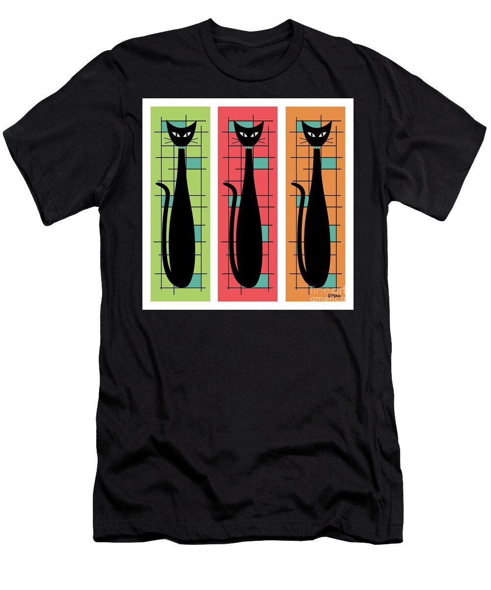 Mid Century Modern T-Shirt featuring the digital art Trio of Cats Green, Salmon and Orange on White by Donna Mibus