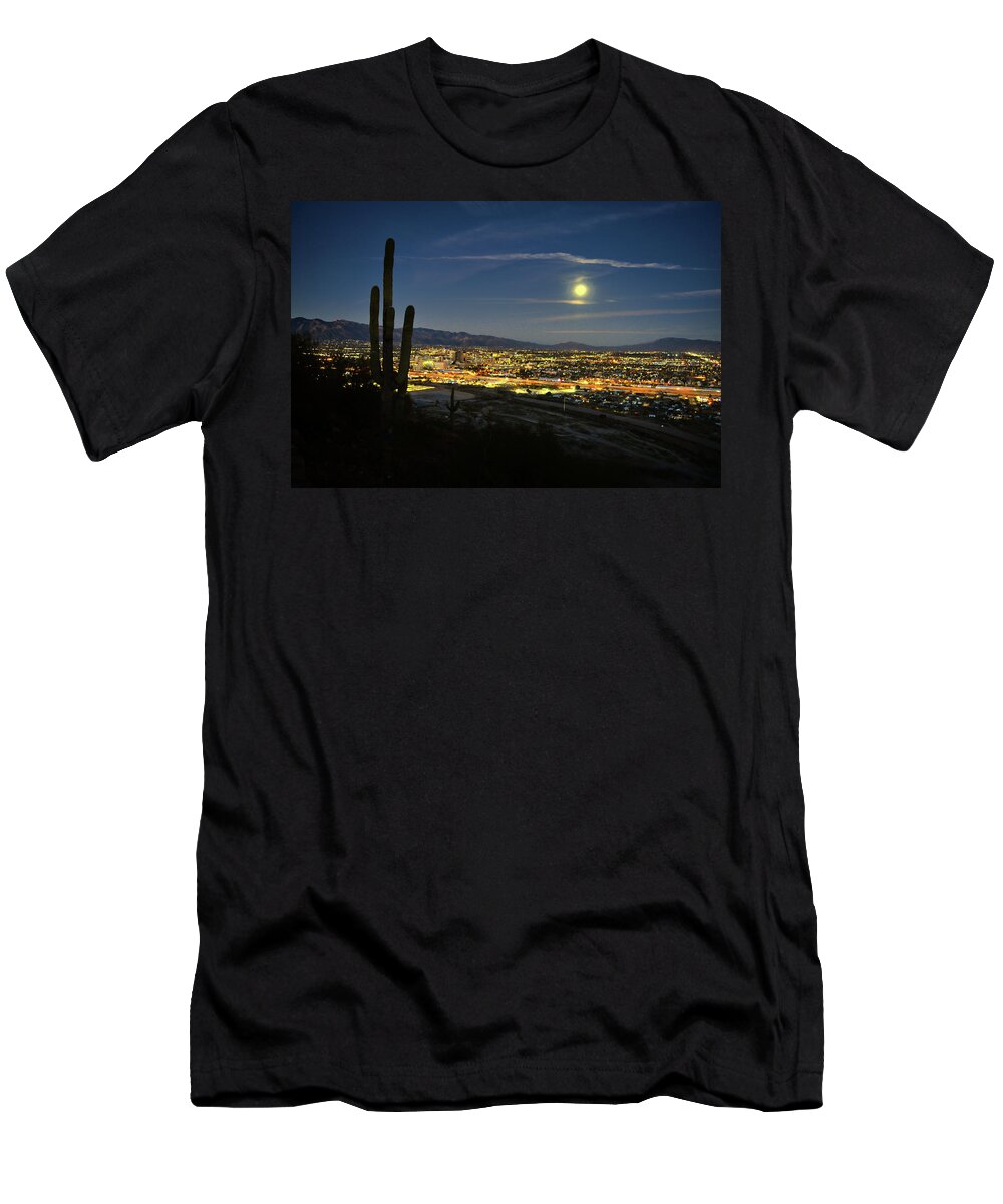 Tucson T-Shirt featuring the photograph Tucson Night Skyline and Saguaro Cactus Moonrise by Chance Kafka