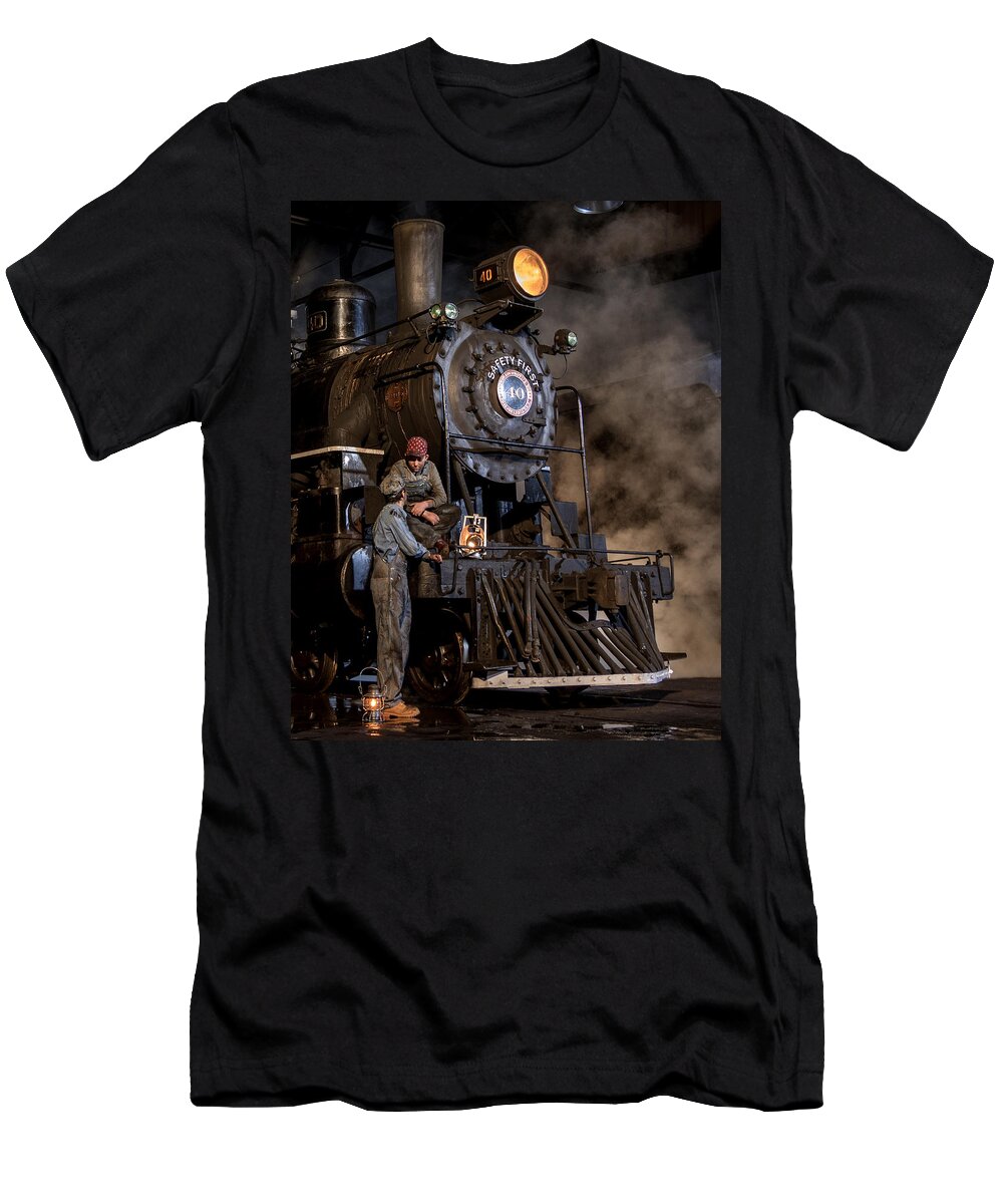 Nevada Northern Railway T-Shirt featuring the photograph Two Boys Talking on Engine by Gretchen Baker