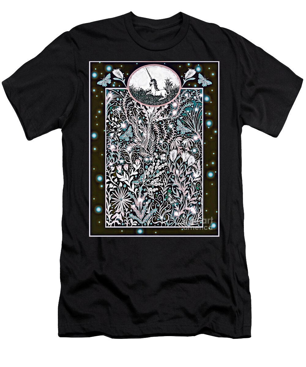 Unicorn T-Shirt featuring the digital art Unicorn Garden Tapestry design in black, pink and light green by Lise Winne
