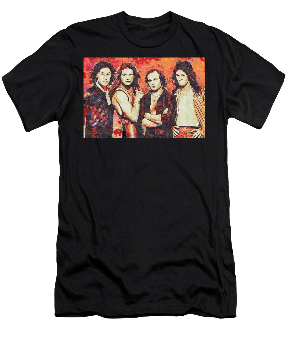 Van Halen T-Shirt featuring the mixed media Van Halen Art And The Cradle Will Rock by The Rocker Chic