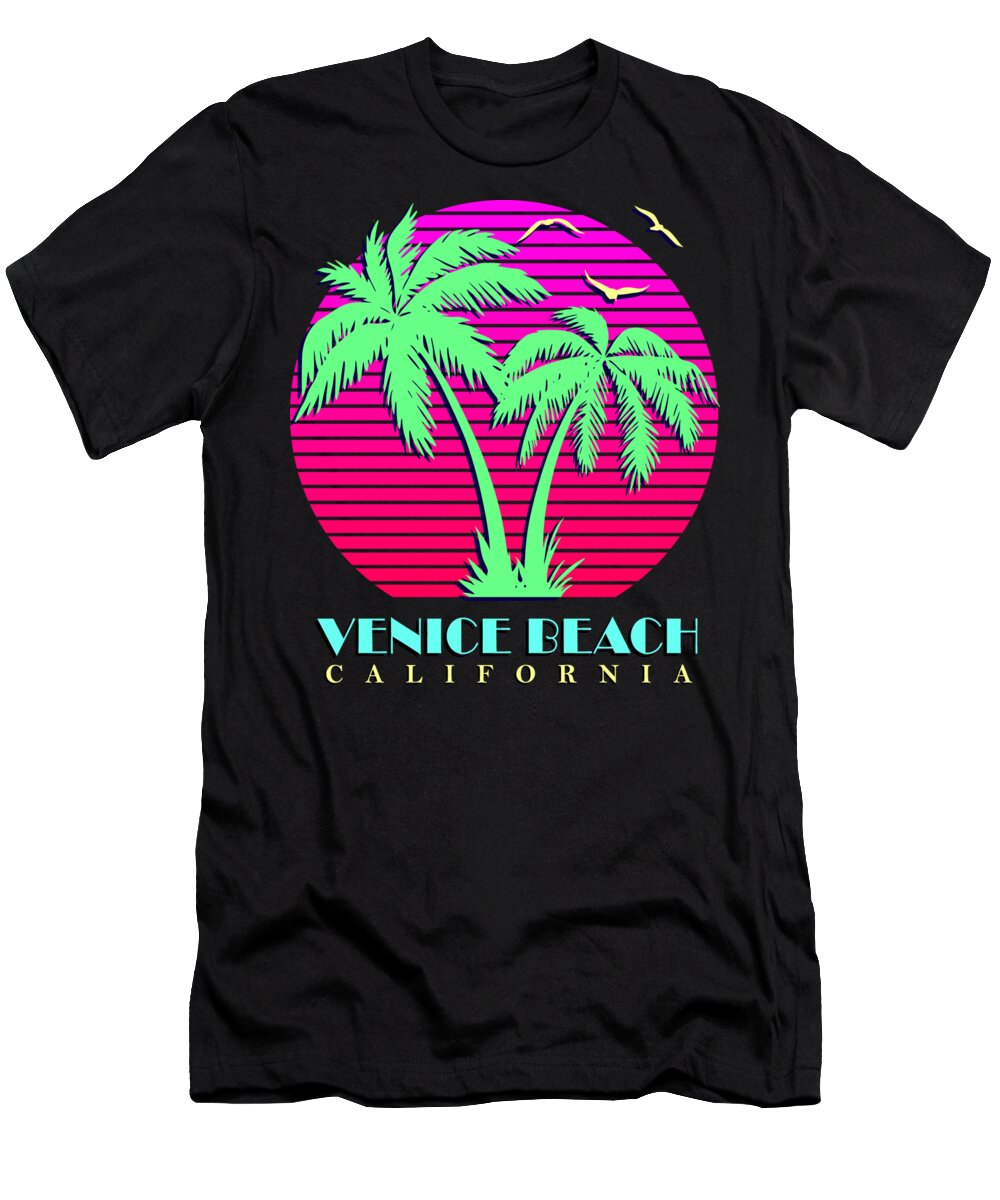 Classic T-Shirt featuring the digital art Venice Beach California Retro Palm Trees Sunset by Filip Schpindel