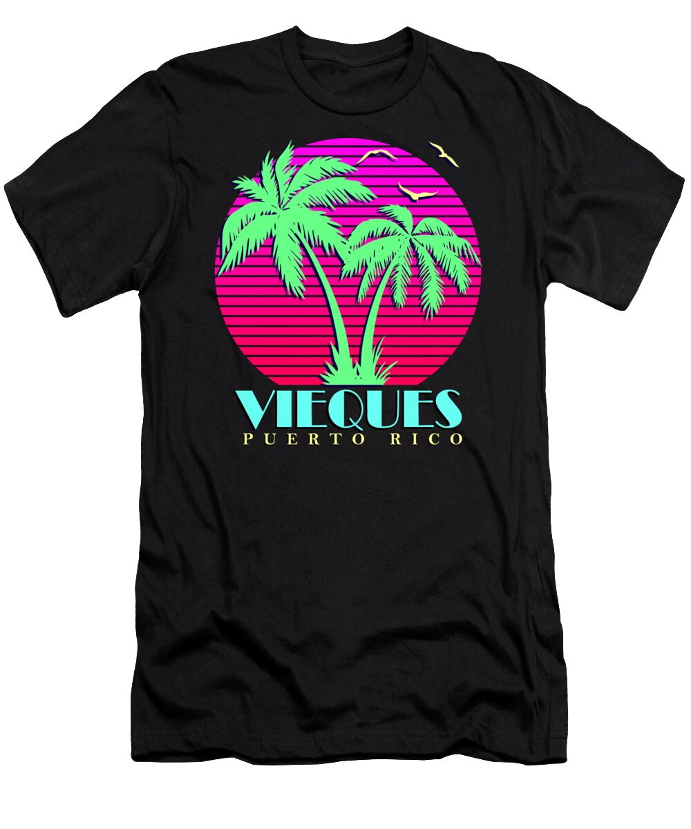 Classic T-Shirt featuring the digital art Vieques Puerto Rico Retro Palm Trees Sunset by Filip Schpindel