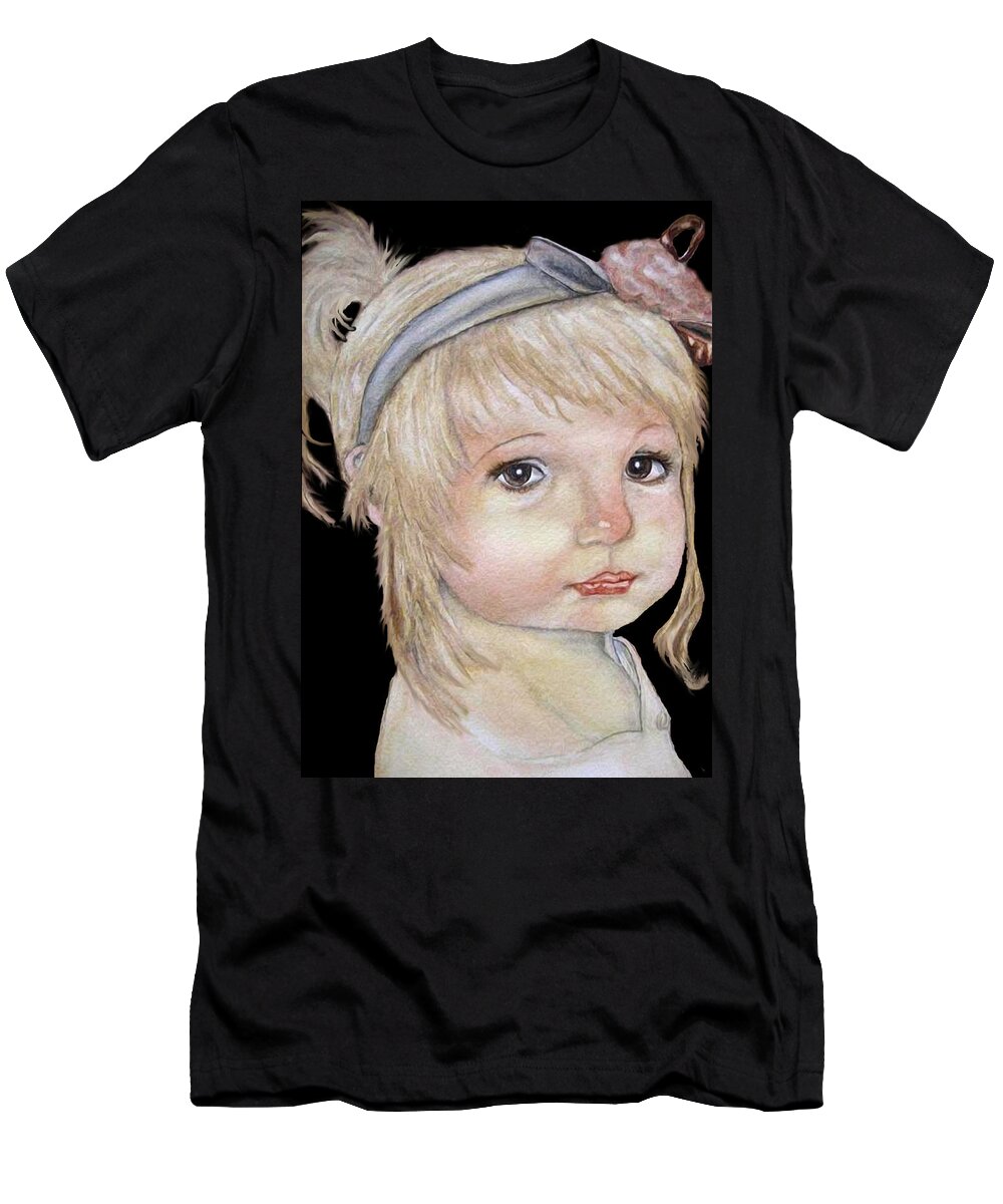 Little Girl Painting T-Shirt featuring the mixed media Vintage Golden Girl by Kelly Mills