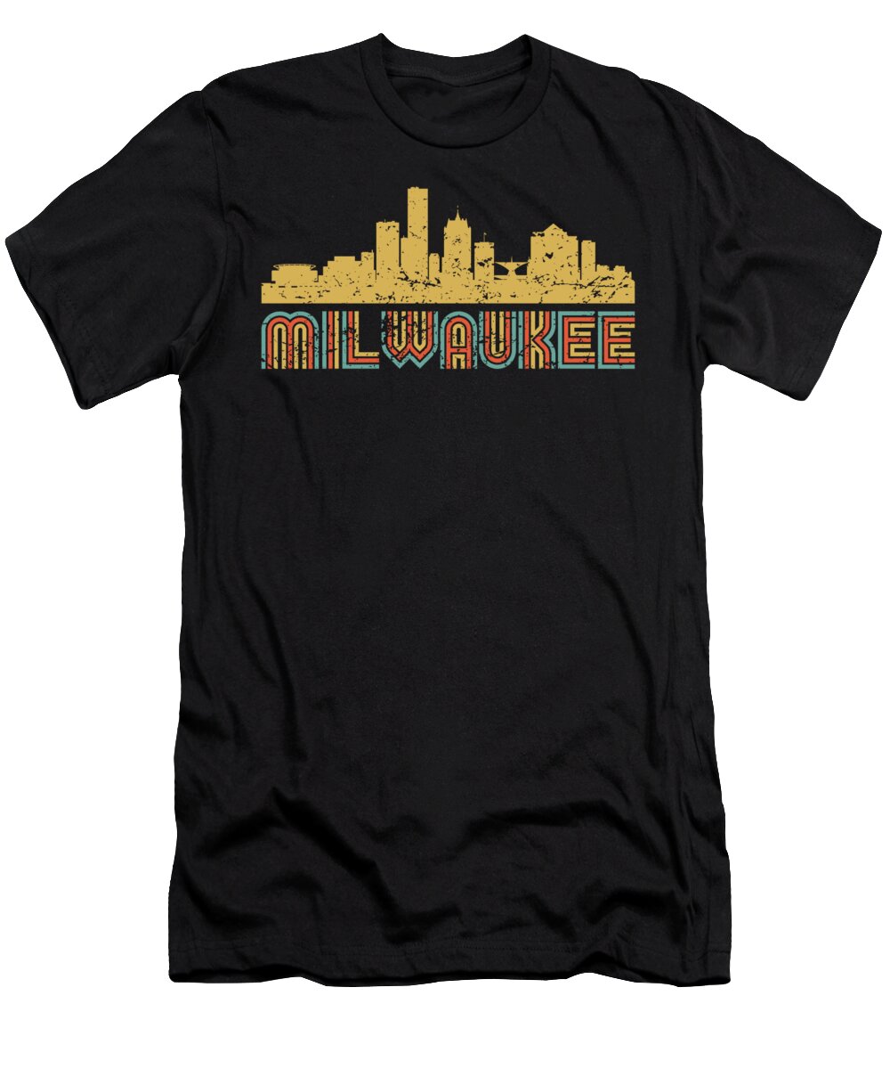 Milwaukee T-Shirt featuring the digital art Vintage Retro Milwaukee Wisconsin Skyline Distressed Look by Kevin Garbes