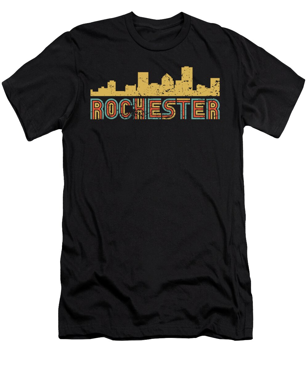 Rochester T-Shirt featuring the digital art Vintage Retro Rochester New York Skyline Distressed Look by Kevin Garbes