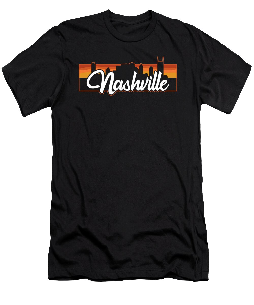 Nashville T-Shirt featuring the digital art Vintage Style Retro Nashville Tennessee Sunset Skyline by Kevin Garbes