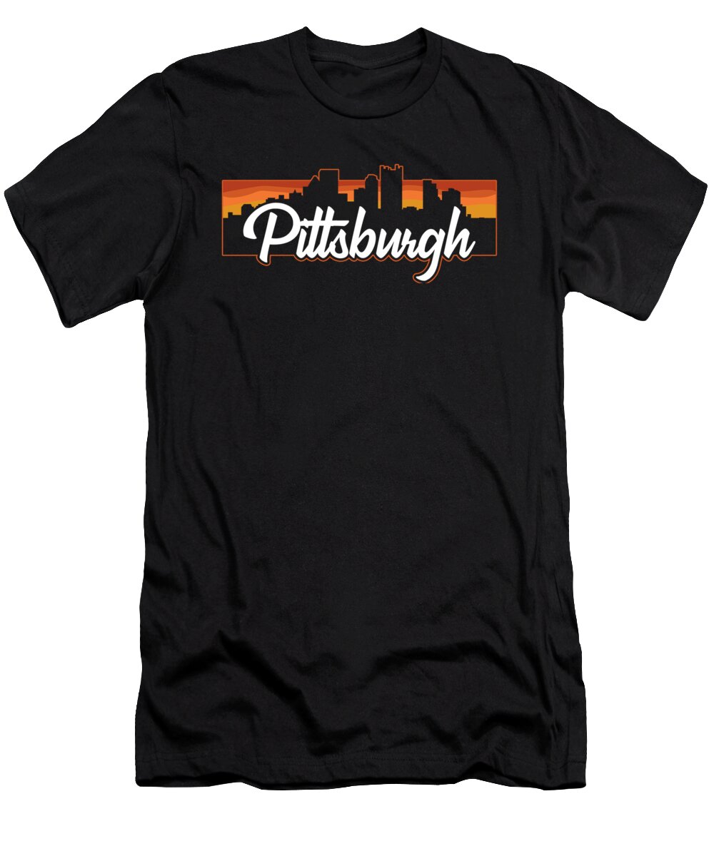 Pittsburgh T-Shirt featuring the digital art Vintage Style Retro Pittsburgh Pennsylvania Sunset Skyline by Kevin Garbes