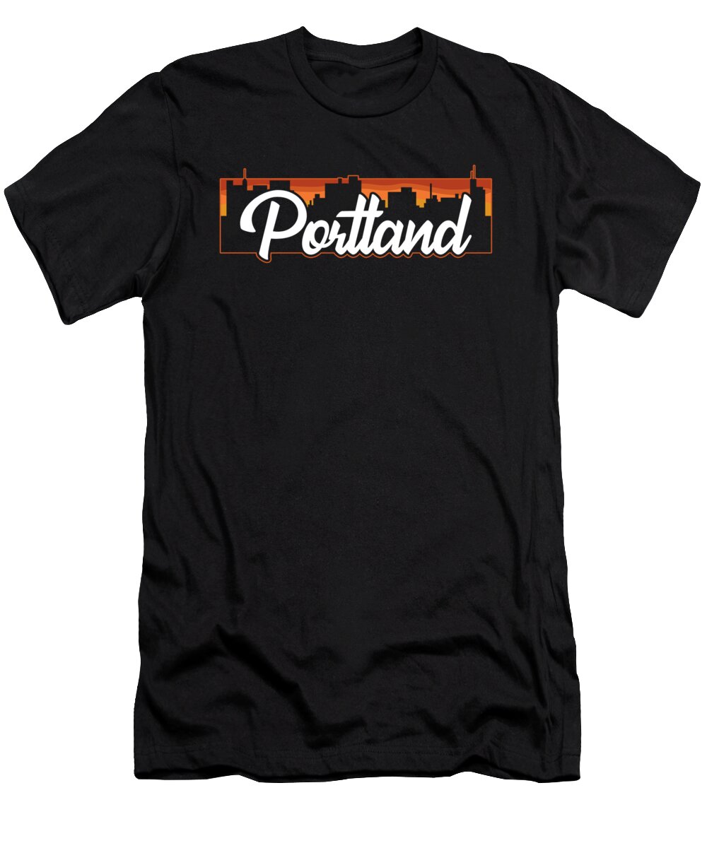 Portland T-Shirt featuring the digital art Vintage Style Retro Portland Maine Sunset Skyline by Kevin Garbes