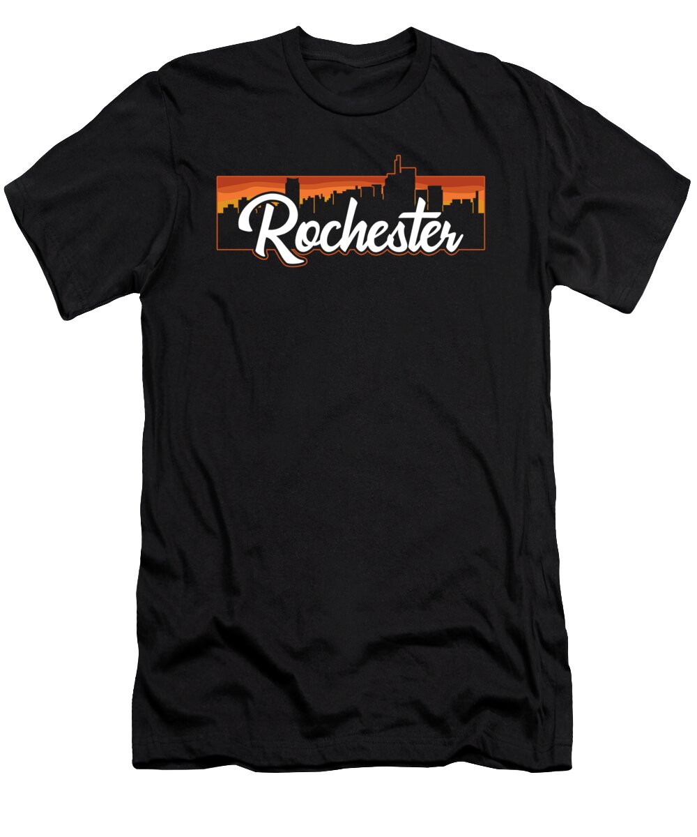 Rochester T-Shirt featuring the digital art Vintage Style Retro Rochester Michigan Sunset Skyline by Kevin Garbes