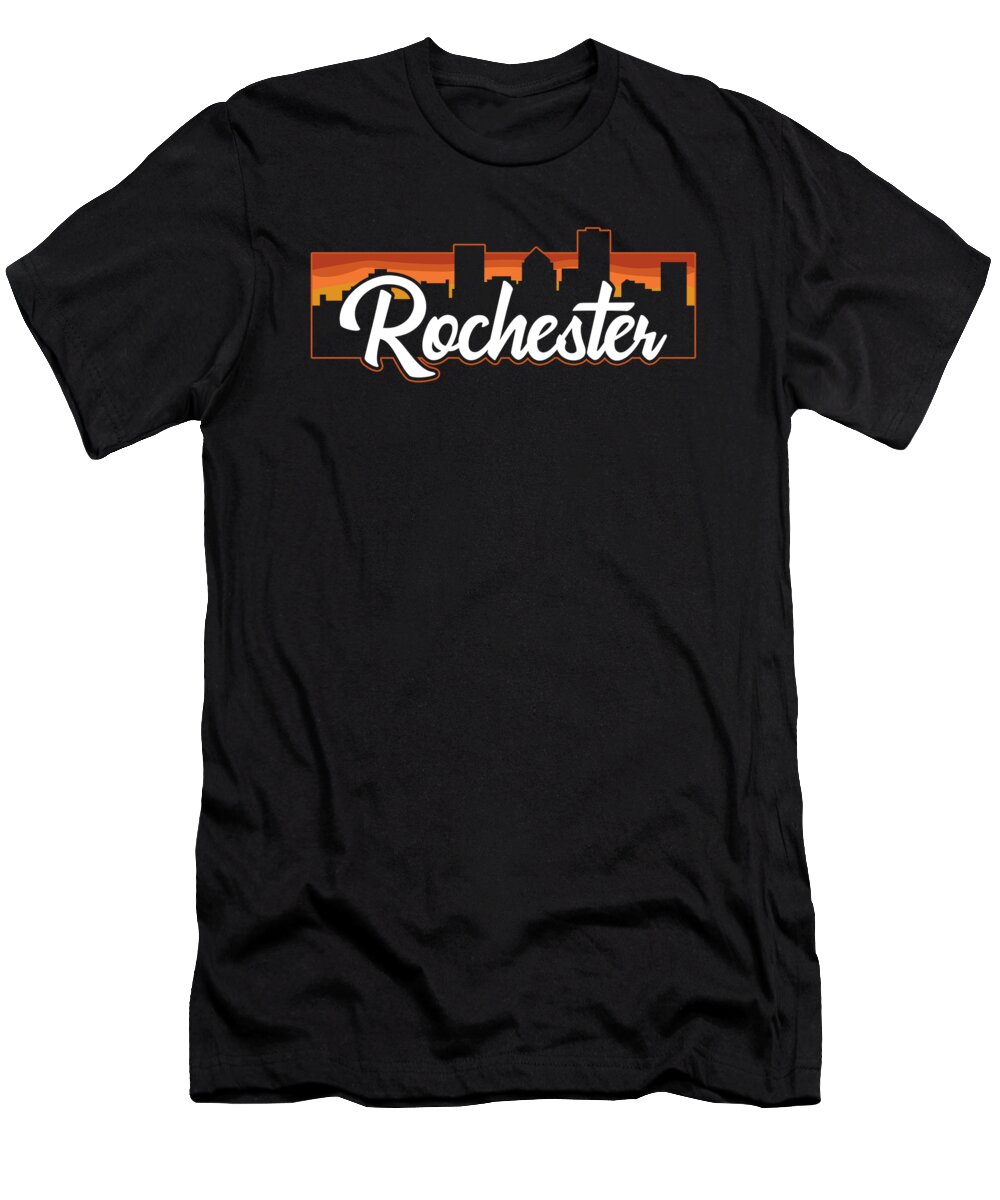 Rochester T-Shirt featuring the digital art Vintage Style Retro Rochester New York Sunset Skyline by Kevin Garbes