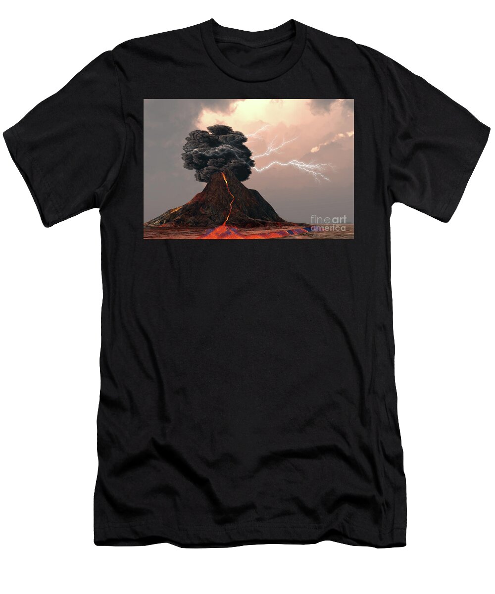 Volcanic T-Shirt featuring the digital art Volcano and Lightning by Corey Ford