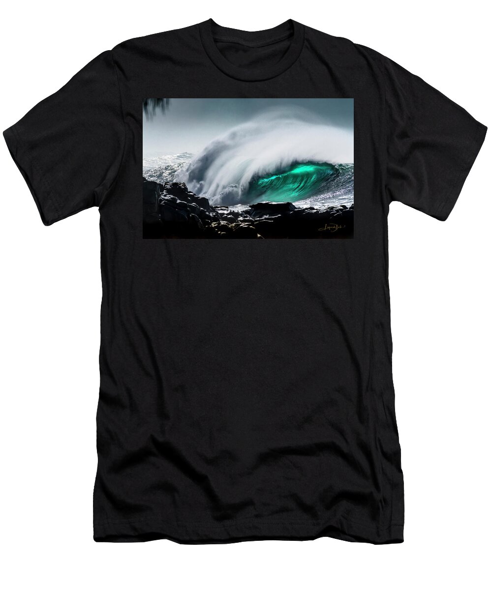 Waimea Bay Hawaii Big Wave Aqua Ocean T-Shirt featuring the photograph Waimea Aquas by Leonardo Dale