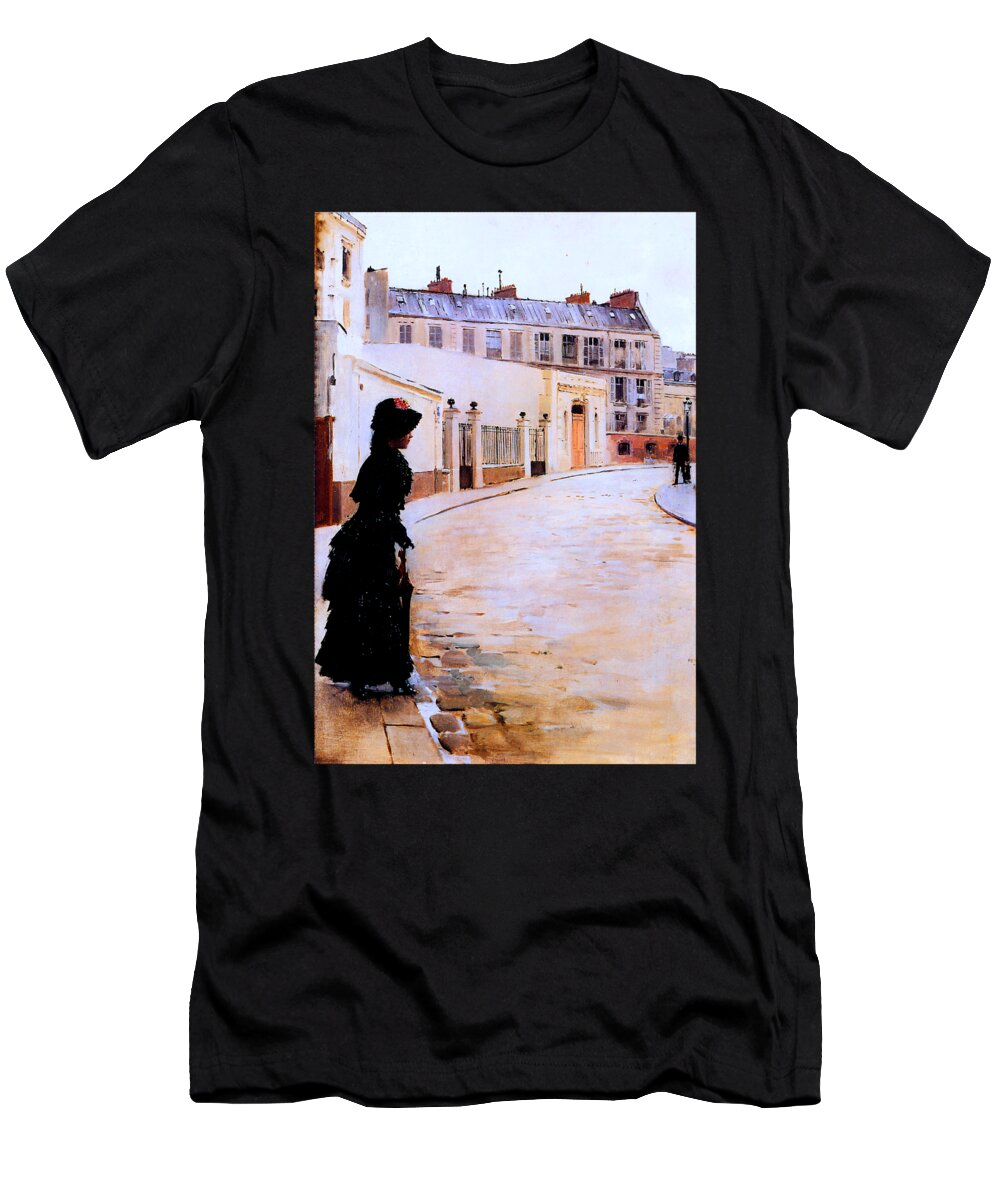 Beraud T-Shirt featuring the painting Waiting, Paris Rue de Chateaubriand 1900 by Jean Beraud