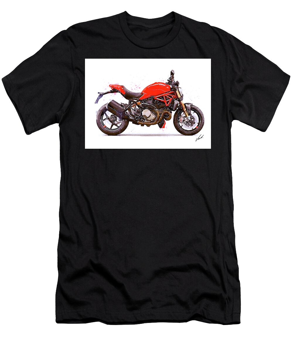 Motorcycle T-Shirt featuring the painting Watercolor Ducati Monster motorcycle - oryginal artwork by Vart. by Vart