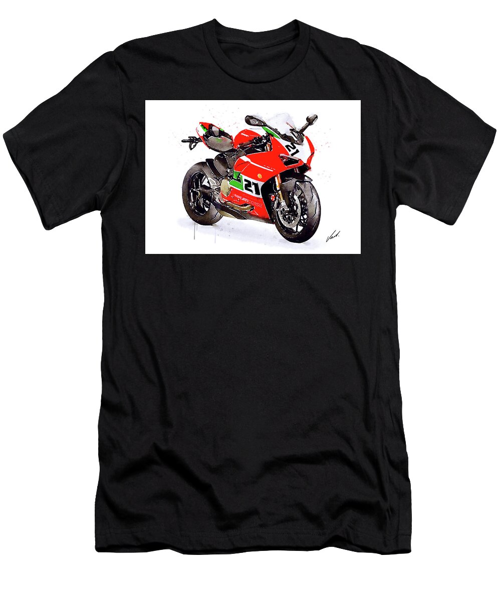 Sport T-Shirt featuring the painting Watercolor Ducati Panigale V2 Bayliss motorcycle, oryginal artwork by Vart. by Vart Studio