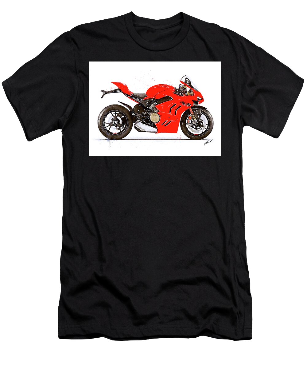 Sport T-Shirt featuring the painting Watercolor Ducati Panigale V4S 2022 motorcycle - oryginal artwork by Vart. by Vart Studio