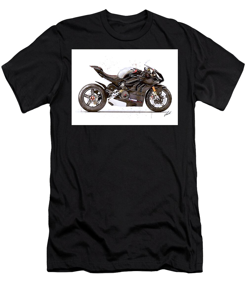 Sport T-Shirt featuring the painting Watercolor Ducati Panigale V4SP 2022 motorcycle, oryginal artwork b by Vart Studio