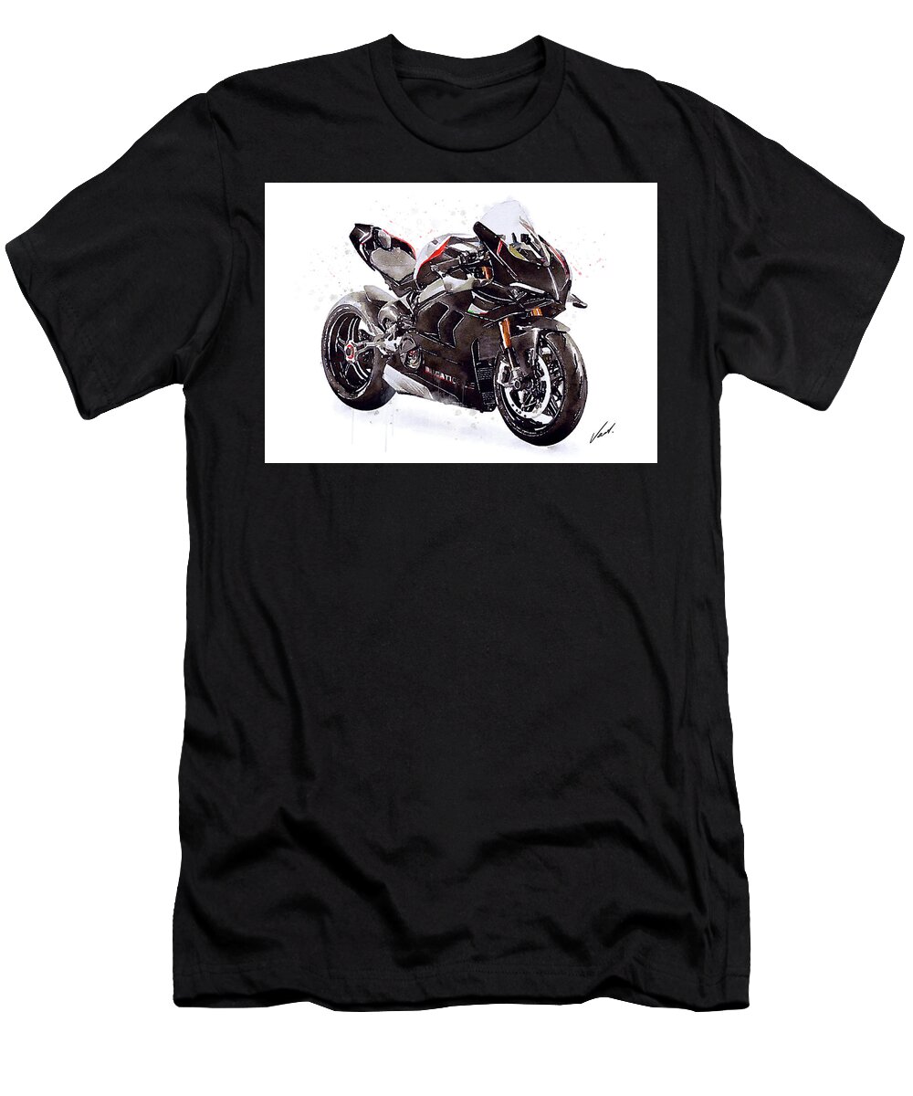 Sport T-Shirt featuring the painting Watercolor Ducati Panigale V4SP 2022 motorcycle, oryginal artwork by Vart. by Vart Studio