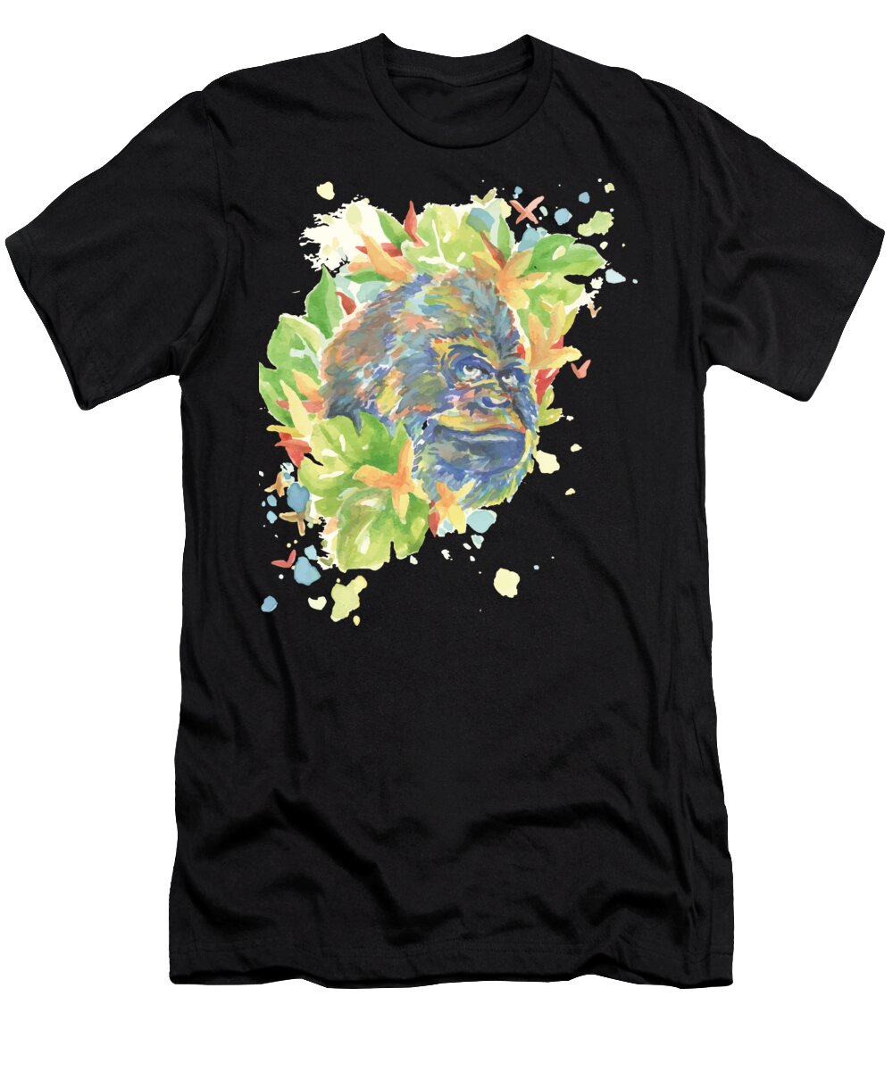 Monkey T-Shirt featuring the digital art Watercolor Gorilla Ape Floral Animal by Jacob Zelazny