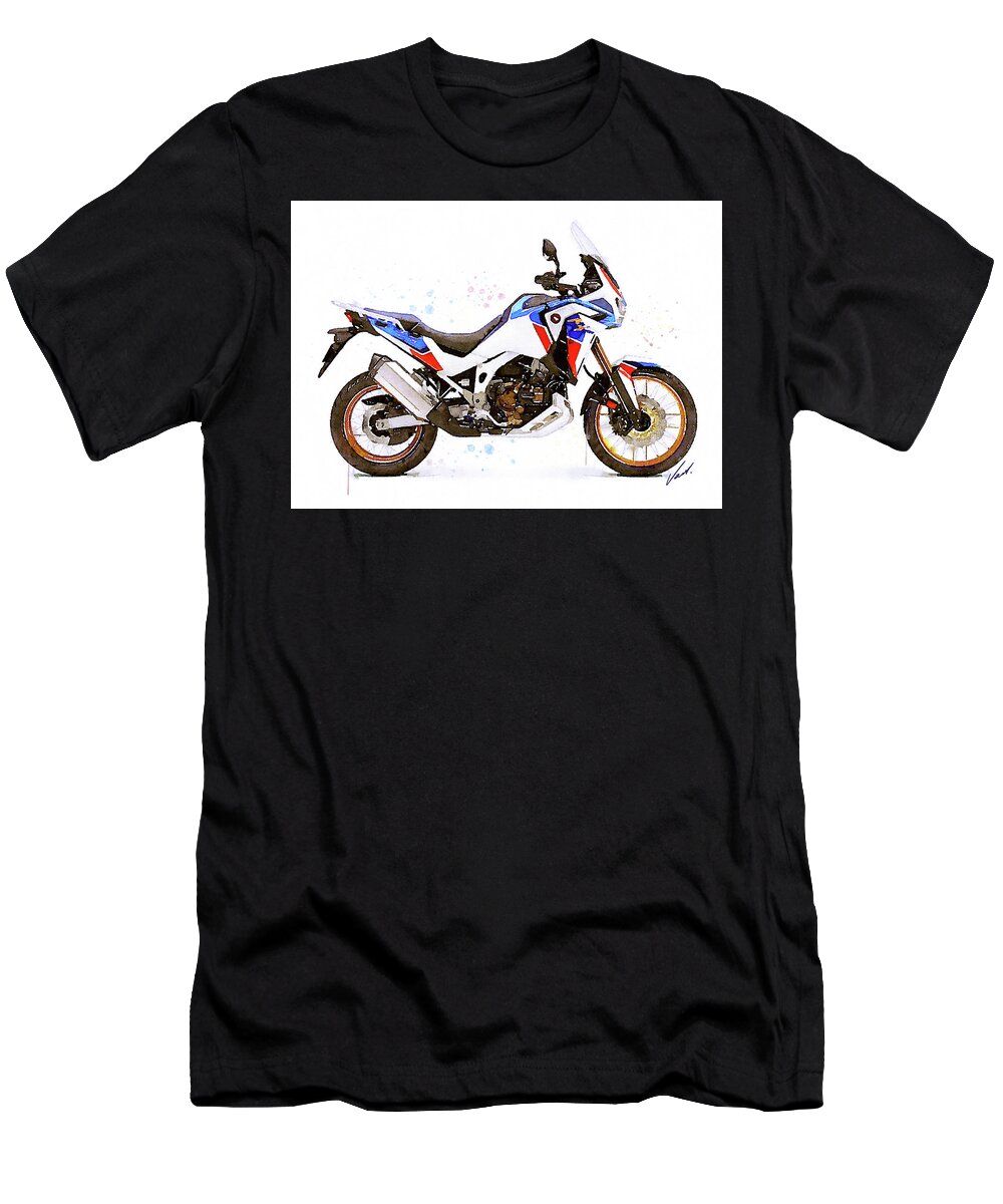 Motorcycle T-Shirt featuring the painting Watercolor Honda Africa CRF 1100 Twin motorcycle - oryginal artwork by Vart. by Vart