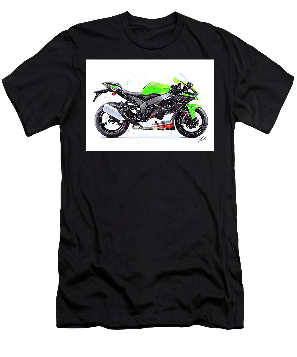 Sport T-Shirt featuring the painting Watercolor Kawasaki Ninja ZX10R motorcycle - oryginal artwork by Vart. by Vart Studio