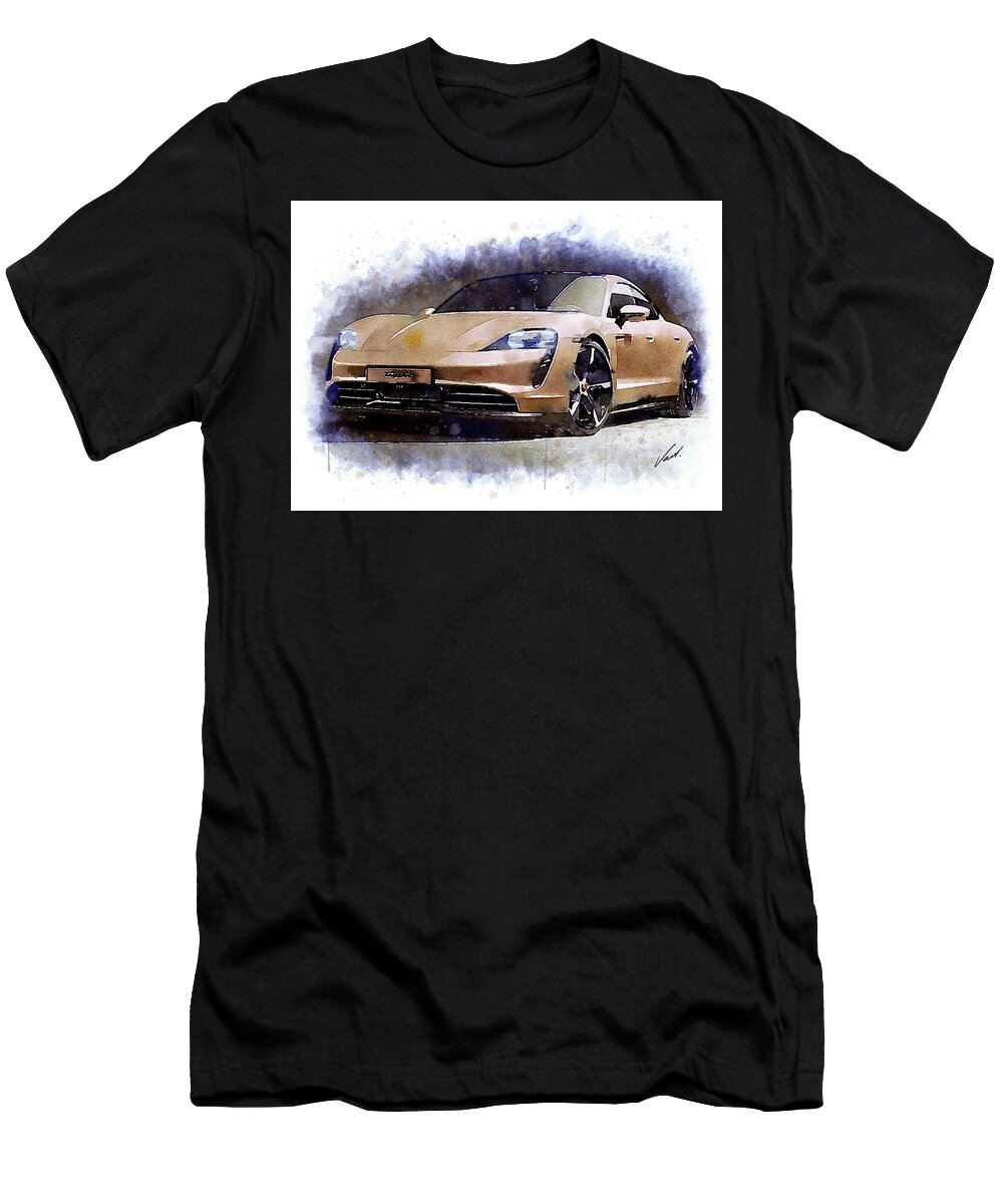 Watercolor T-Shirt featuring the painting Watercolor Porsche Taycan - oryginal artwork by Vart. by Vart Studio