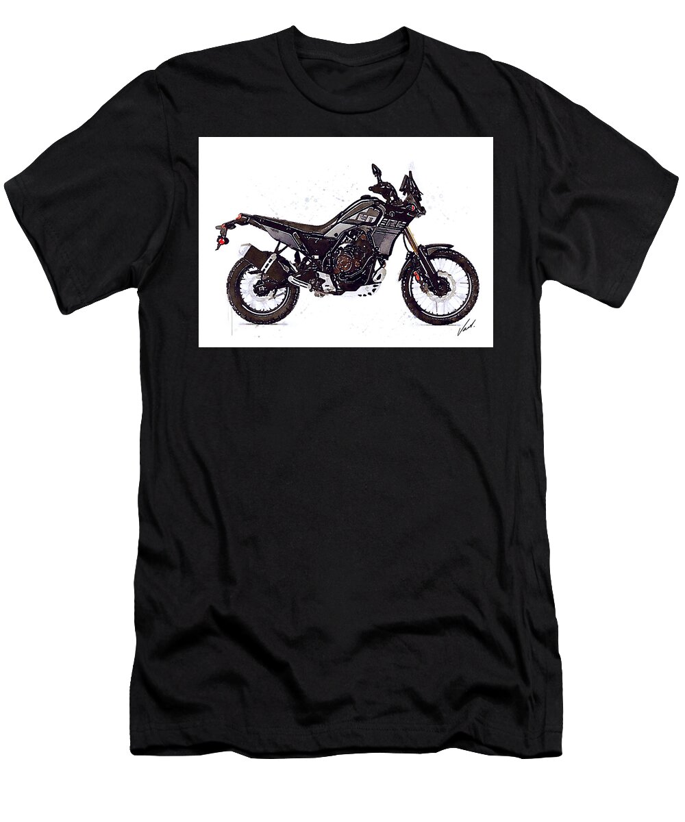 Adventure T-Shirt featuring the painting Watercolor Yamaha Tenere 700 black motorcycle - oryginal artwork by Vart. by Vart Studio