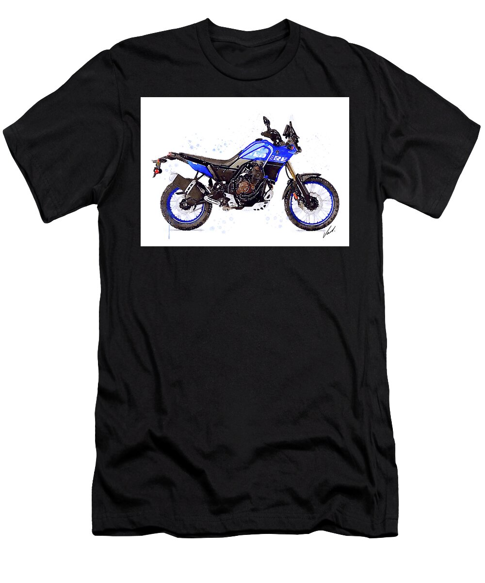 Adventure T-Shirt featuring the painting Watercolor Yamaha Tenere 700 blue motorcycle - oryginal artwork by Vart. by Vart Studio