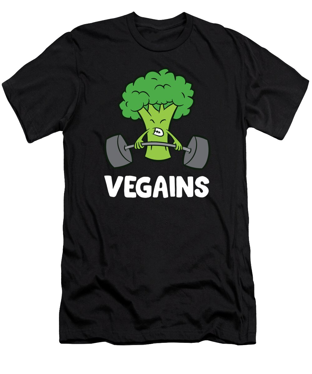 Broccoli T-Shirt featuring the digital art Weightlifting Broccoli Vegains Funny Broccoli by EQ Designs