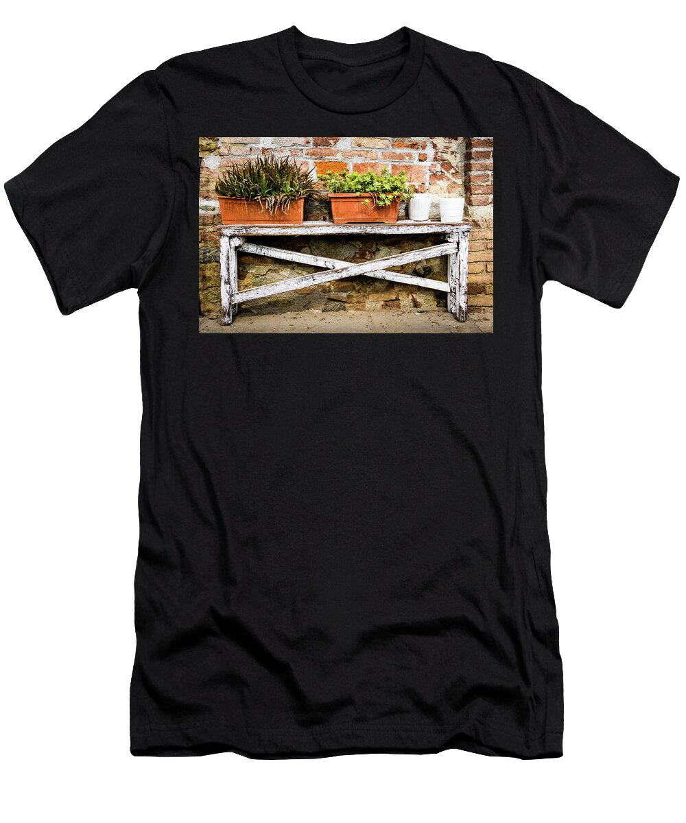 Italy T-Shirt featuring the photograph White bench with planters by Craig A Walker