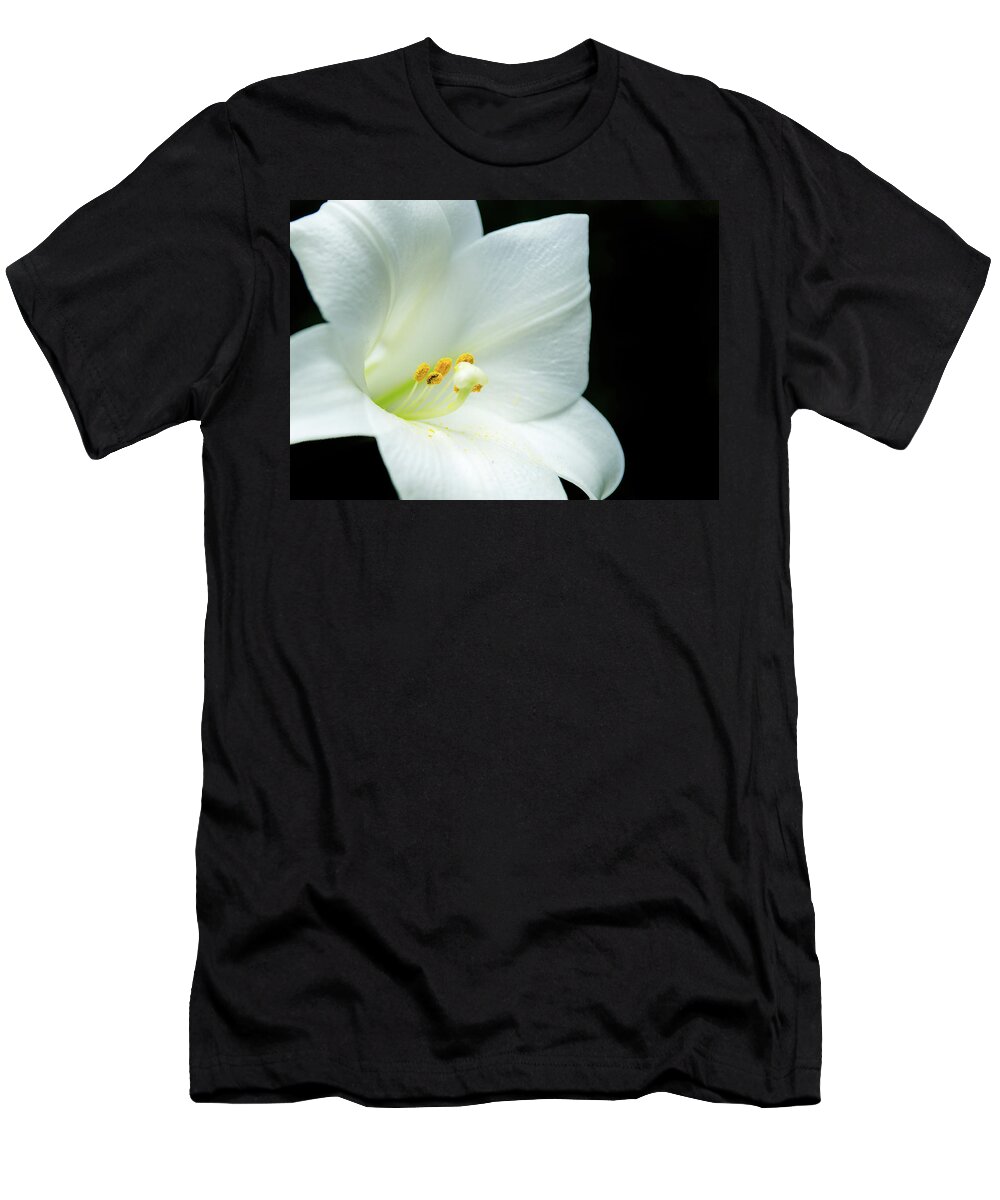 Abstract T-Shirt featuring the photograph White lily flower, yellow pollen, dark background by Jean-Luc Farges