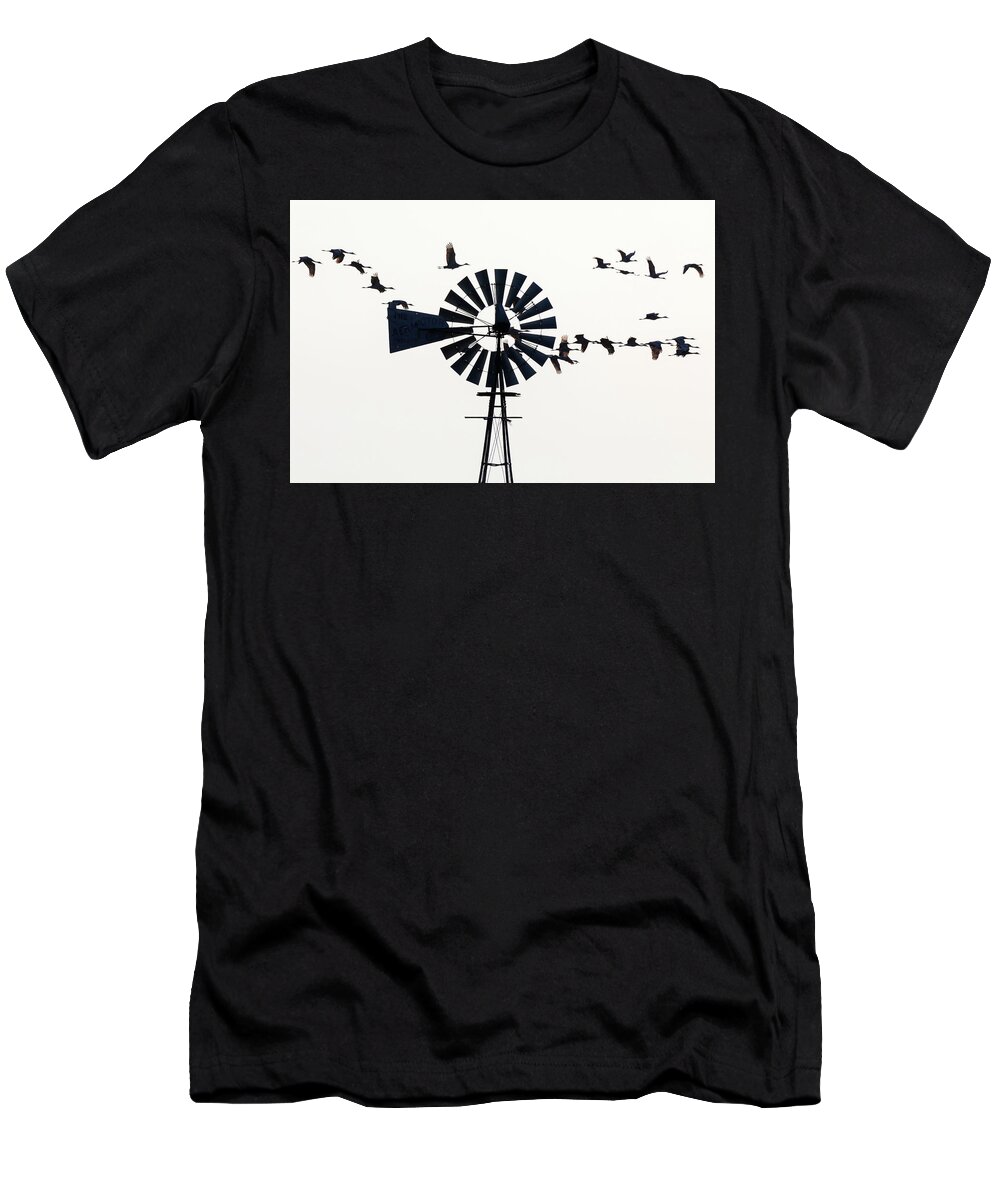 Sandhill Cranes T-Shirt featuring the photograph Windmills and Sandhill Cranes by Susan Rissi Tregoning