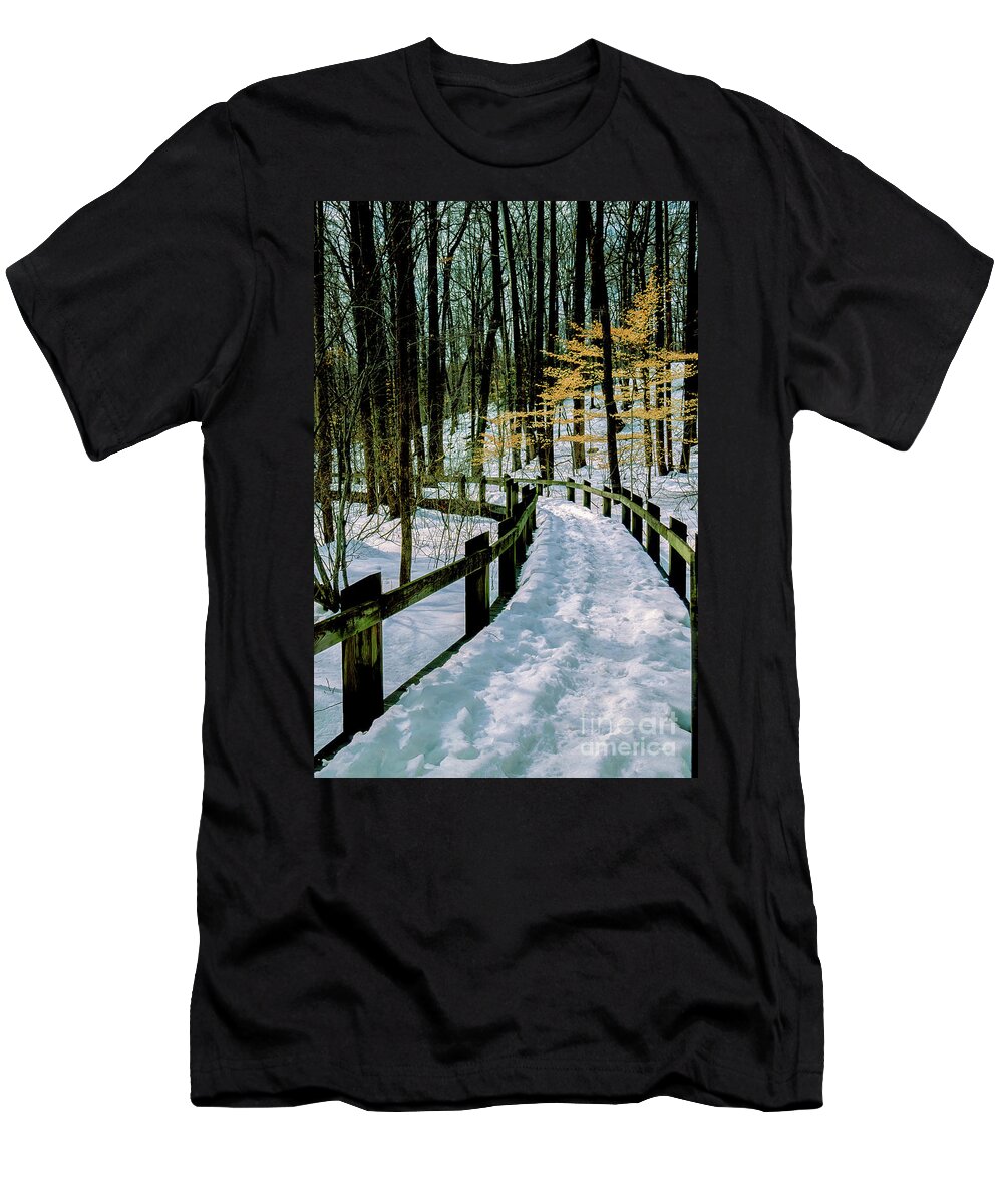 Winter T-Shirt featuring the photograph Winter Boardwalk Path in a Park in Maryland by William Kuta