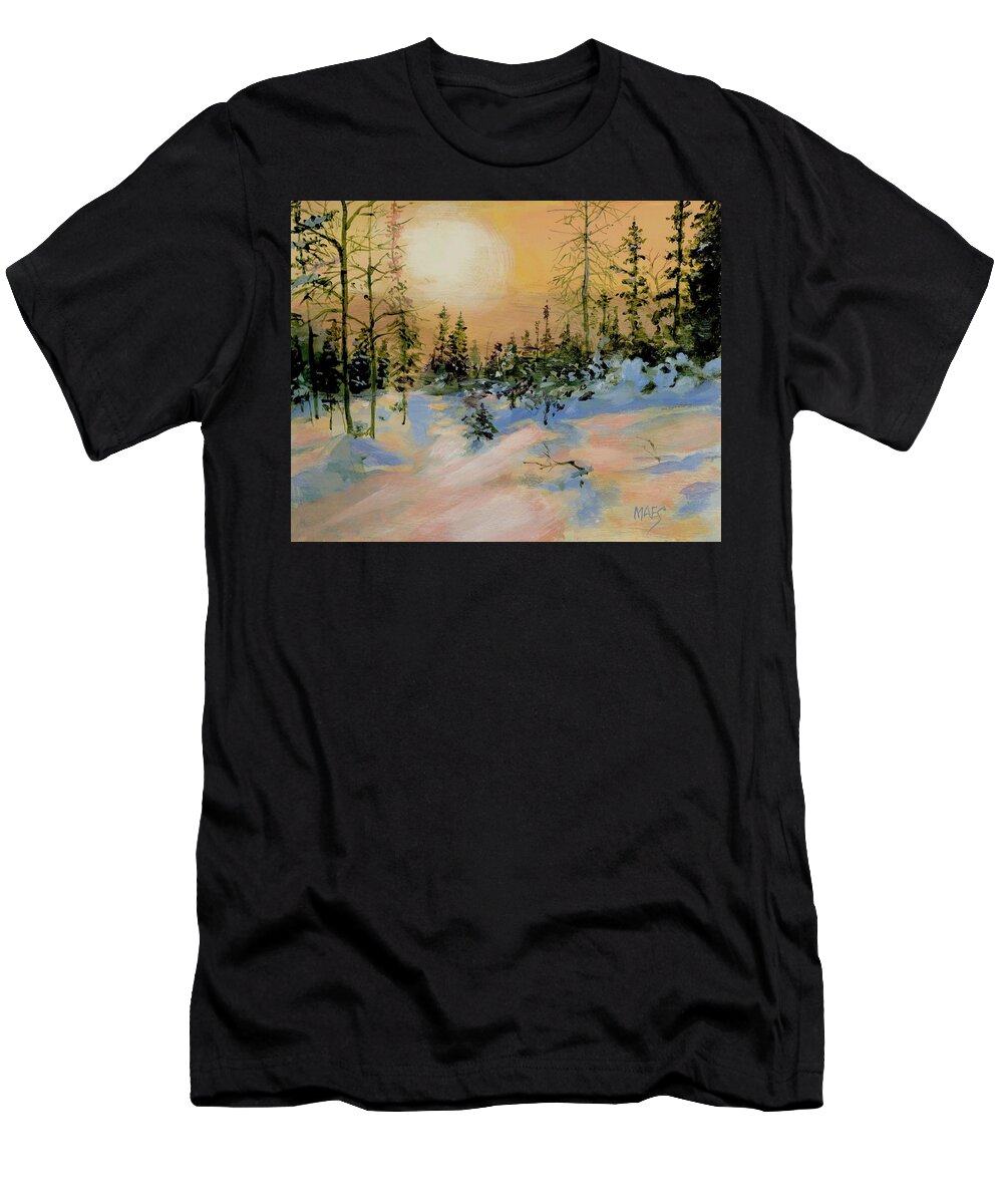 Northwoods T-Shirt featuring the painting Winter Morning in the woods by Walt Maes