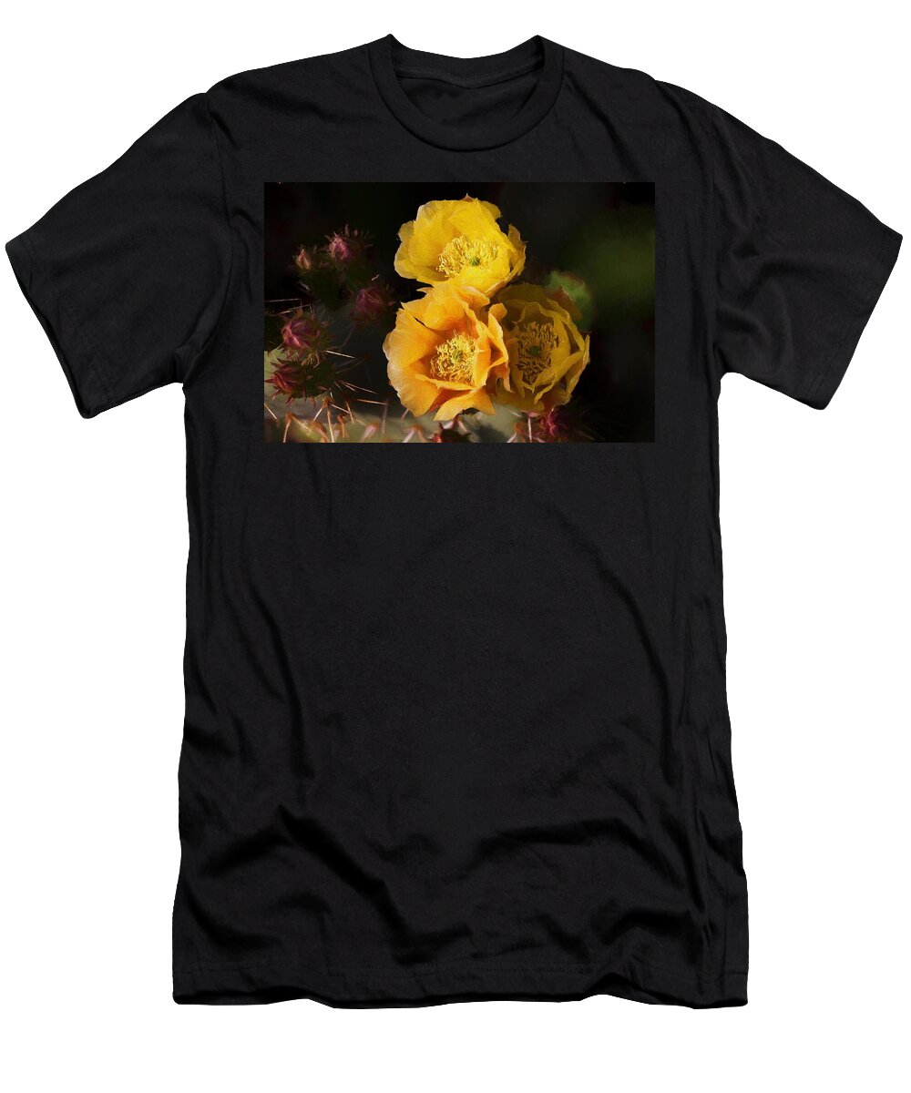 Cactus Flowers T-Shirt featuring the mixed media Yellow cactus flowers by Tatiana Travelways