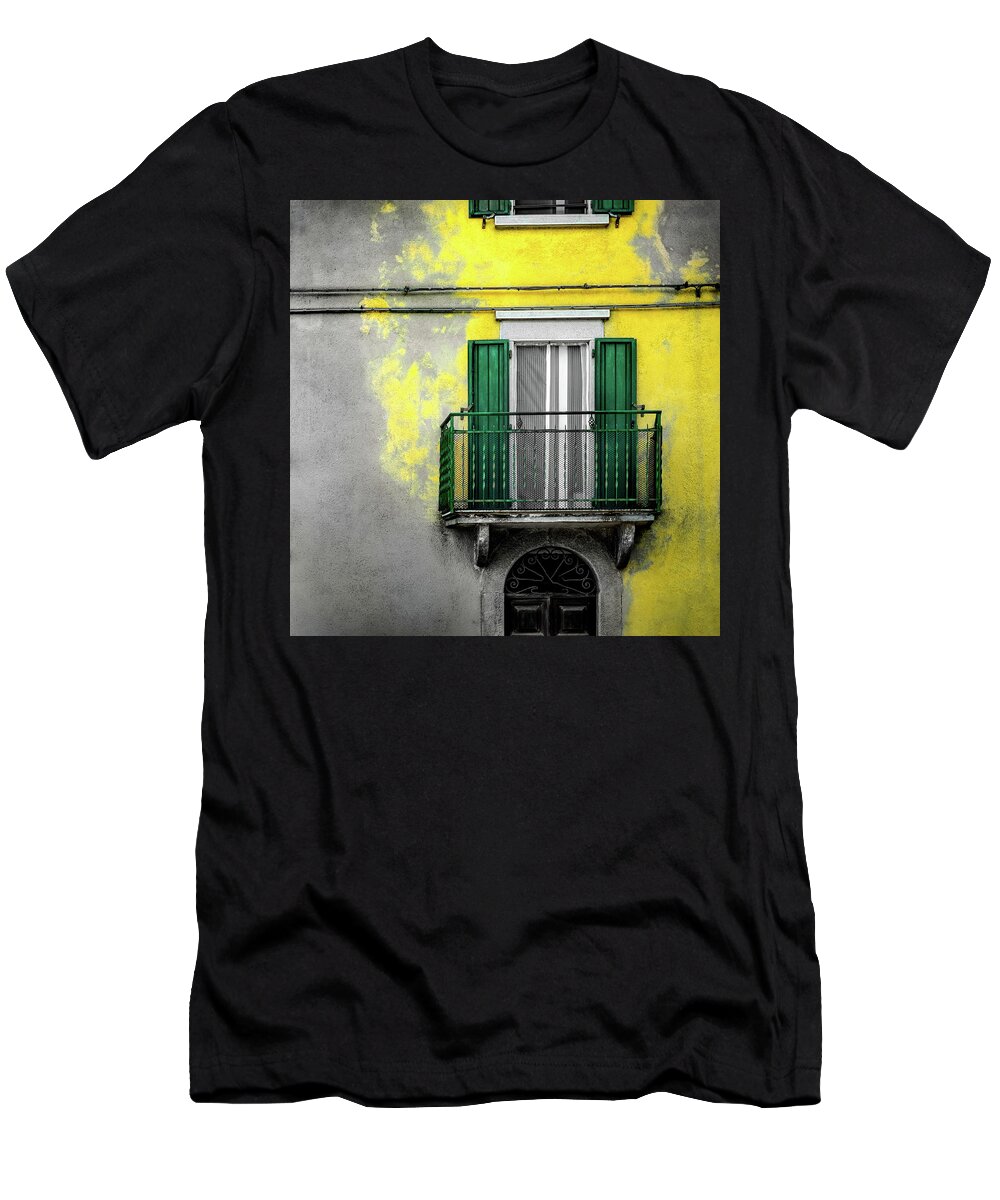 Splash T-Shirt featuring the photograph Yellow Splash Color Building Squared Background Yellow Plaster Paint Italian Homes Background by Luca Lorenzelli
