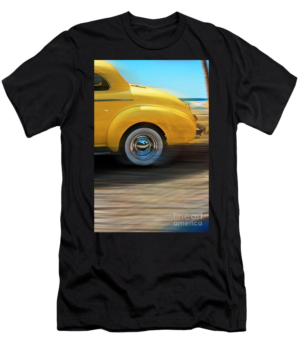 Vintage T-Shirt featuring the photograph Yellow Vintage 1940s Car In Motion by Lee Avison