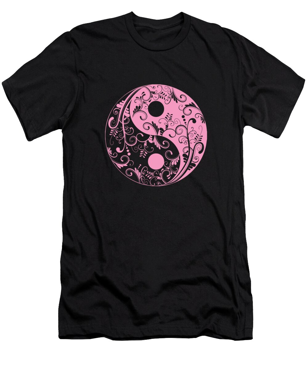 Yin Yang T-Shirt featuring the digital art Yin Yang Floral Pink Flowers Harmony Taoism Gift by Thomas Larch
