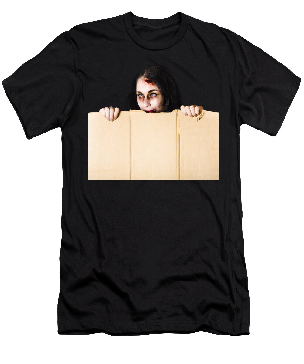 Halloween T-Shirt featuring the photograph Zombie woman peering out cardboard box by Jorgo Photography