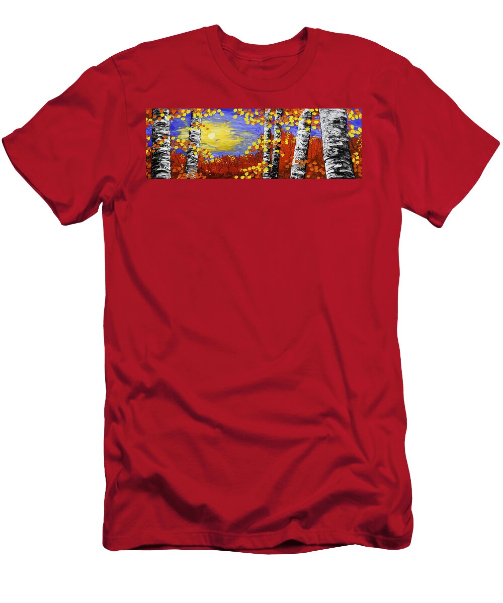 Palette Knife T-Shirt featuring the painting Birch Trees In Fall Panorama Painting by Keith Webber Jr