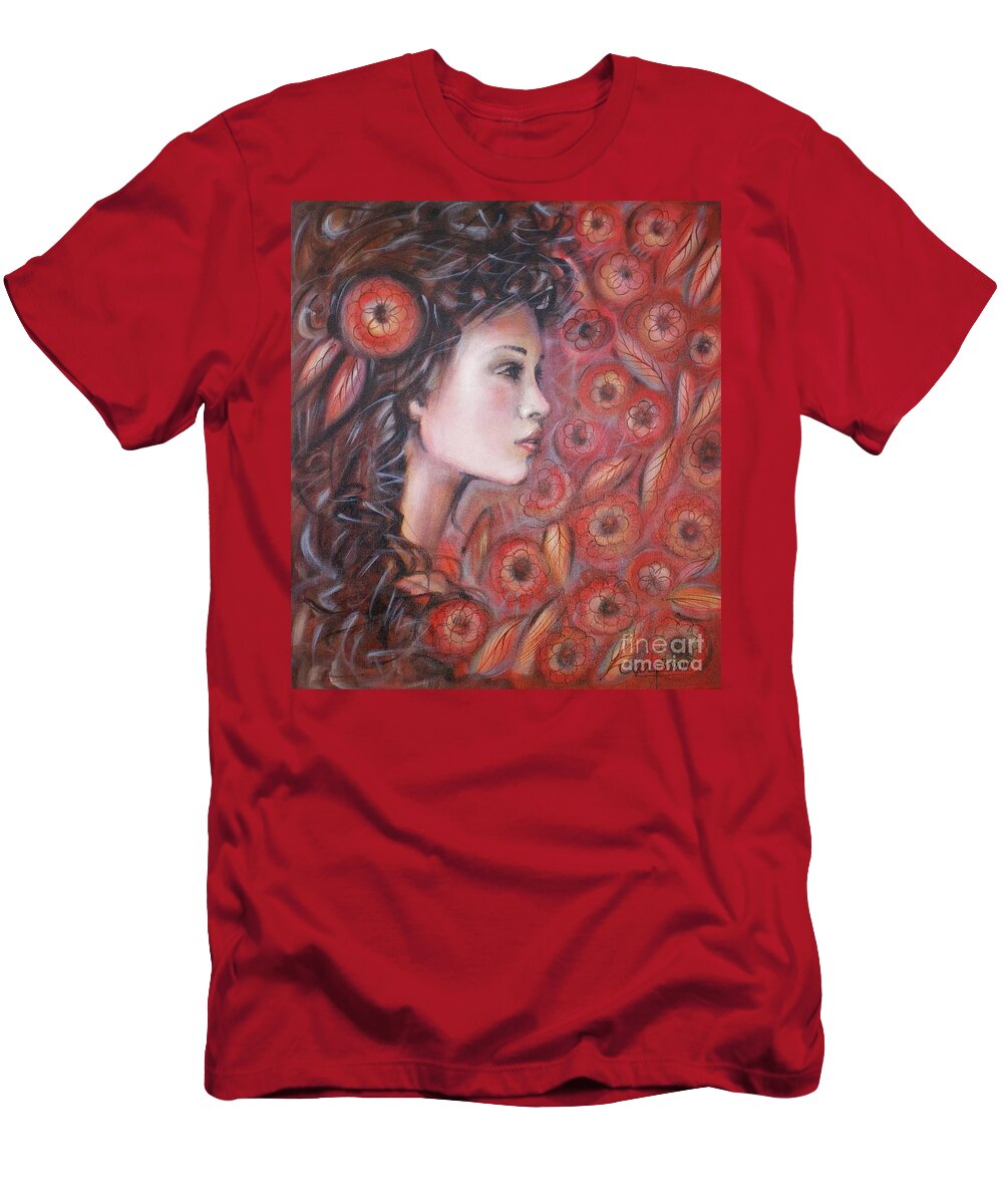 Woman T-Shirt featuring the painting Asian Dream In Red Flowers 010809 #1 by Selena Boron
