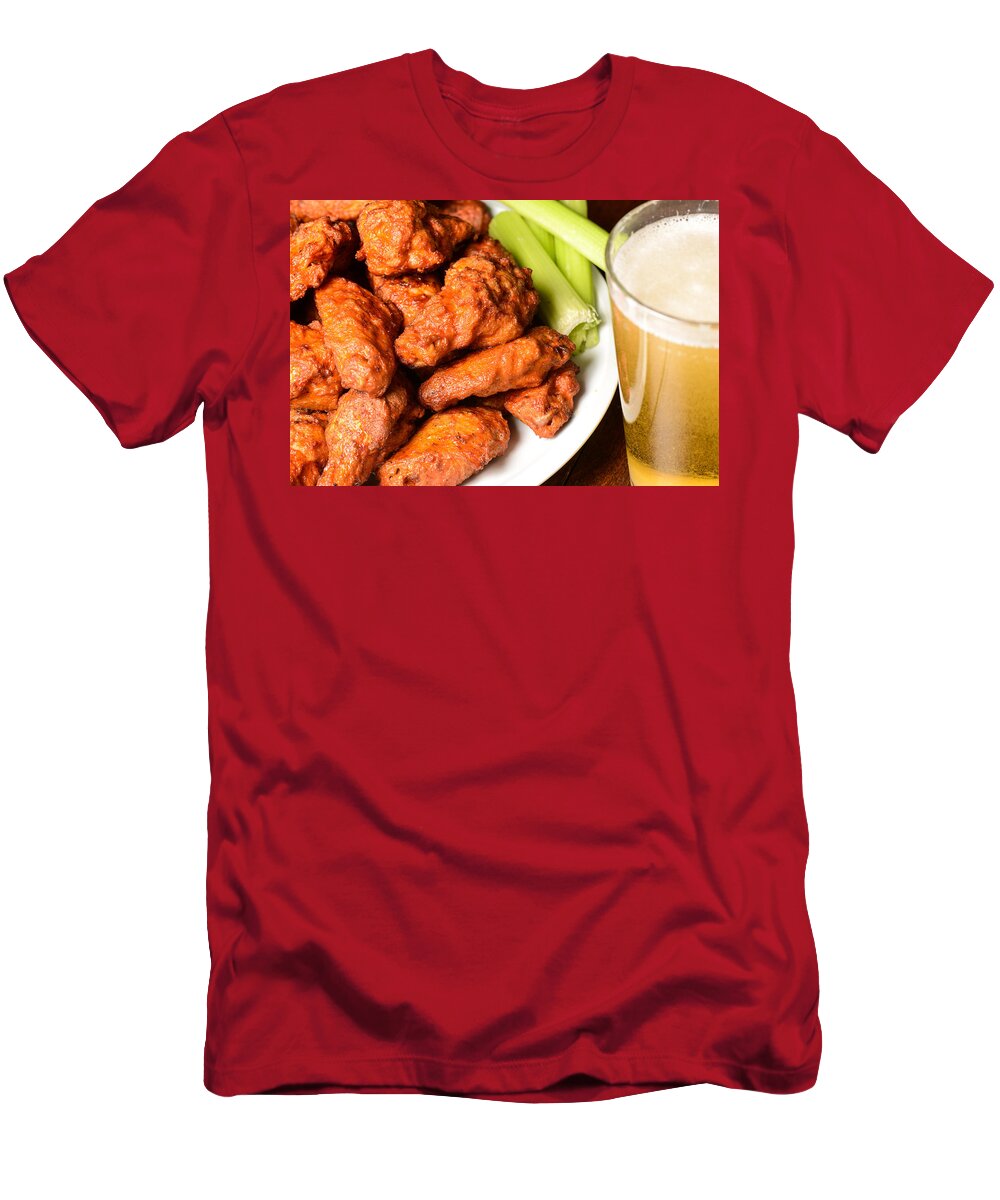 Beer T-Shirt featuring the photograph Buffalo Wings with Celery Sticks and Beer #1 by Brandon Bourdages