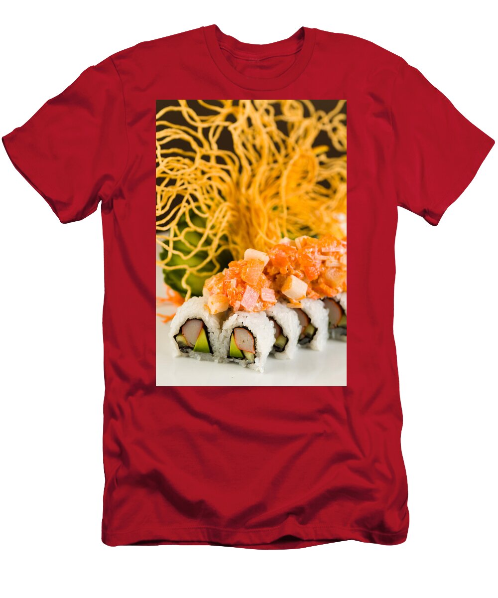 Asian T-Shirt featuring the photograph Crab and Salmon Roll by Raul Rodriguez