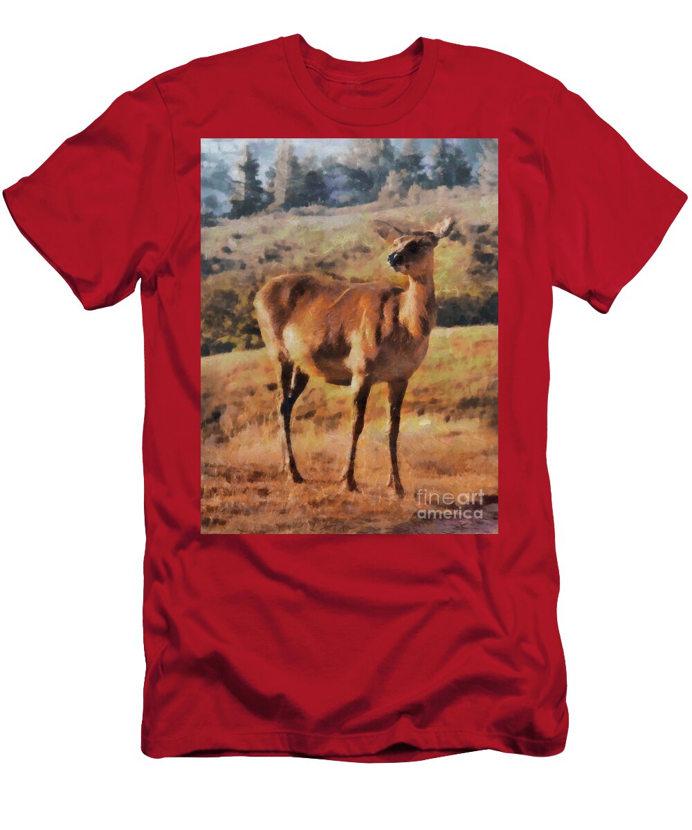 Animal T-Shirt featuring the painting Deer on mountain #1 by Pixel Chimp