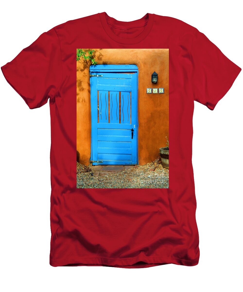 Blue T-Shirt featuring the photograph Blue Door in Santa Fe by Charlene Mitchell